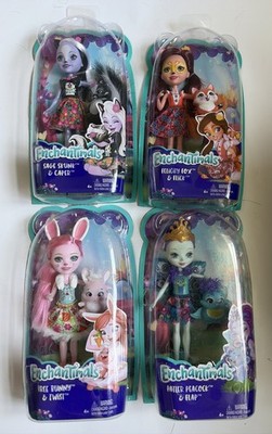 4 PC ENCHANTIMALS DOLL LOT FOX SKUNK BUNNY 2016 MATTEL NRFB