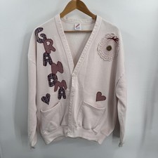 Vtg Jerzees Sweatshirt Womens OS Cardigan Pink Grandma Hearts Cardigan USA 90s