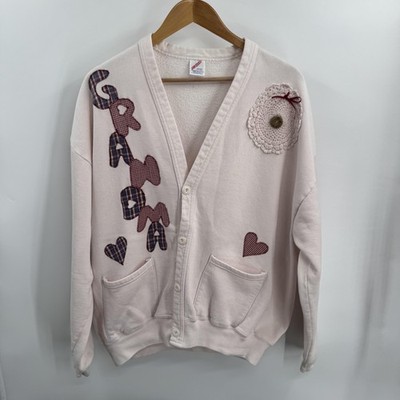 Vtg Jerzees Sweatshirt Womens OS Cardigan Pink Grandma Hearts Cardigan USA 90s
