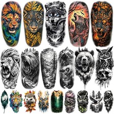 77 Sheets Temporary Tattoos, 17 Sheets Half Arm Wolf Lion Tiger Bear Leopard ...