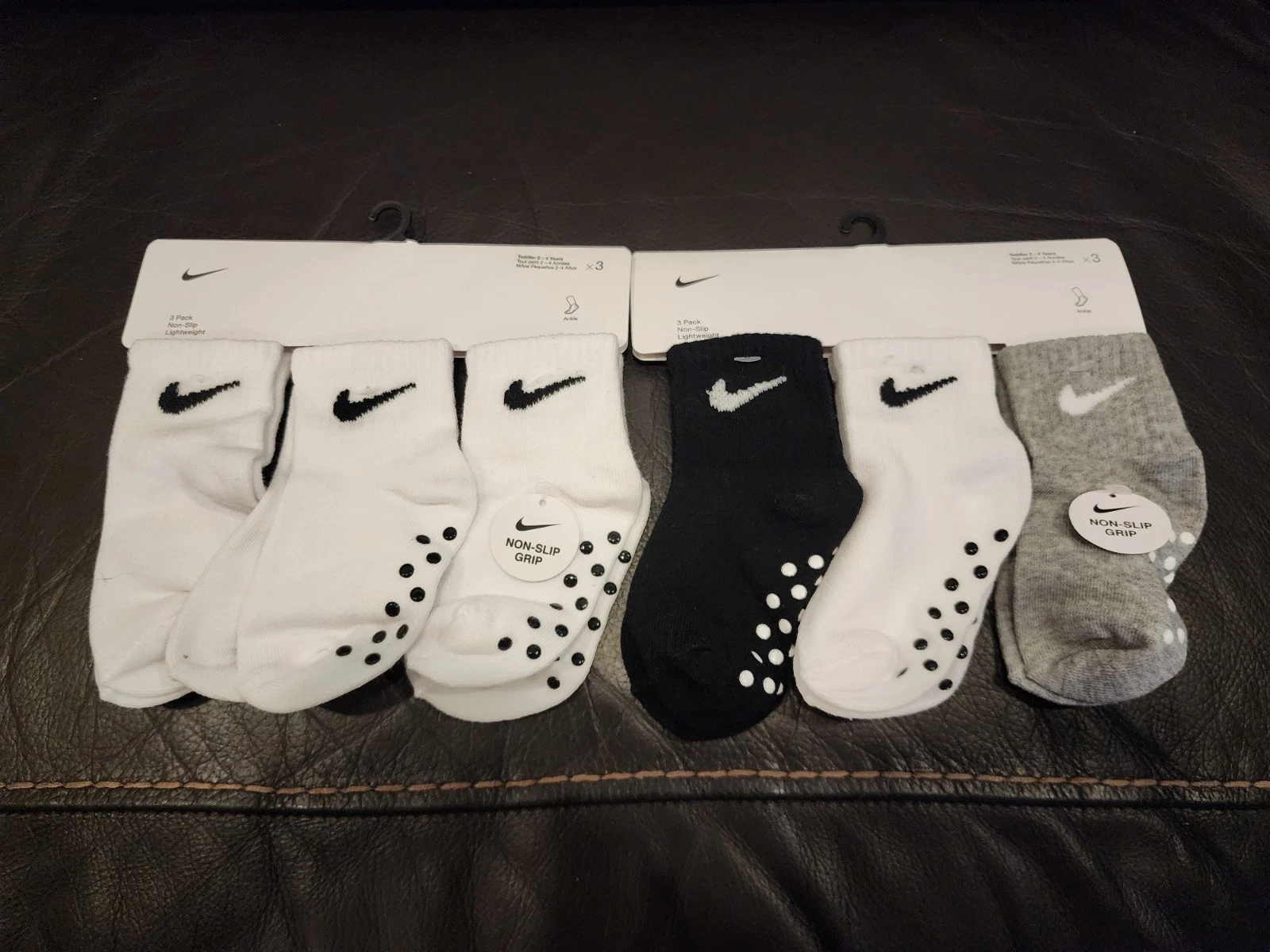 Lot of 2 Nike Toddler 3 Pk White Black Ankle Grippy Soles Logo Socks Set 2-4 Yr