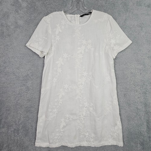 Zara Womens Shift Dress Small White Linen Embroidered Crew Neck Short Sleeve Zip