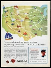 1962 Conoco oil gas USA map to Seattle World's Fair vintage print ad