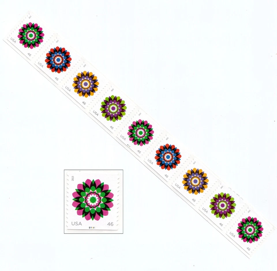 US # 4722-25 / 4725a Kaleidoscope Flowers 46c (2013) - P# Coil Strip of 9 Stamps - Image 3 of 3