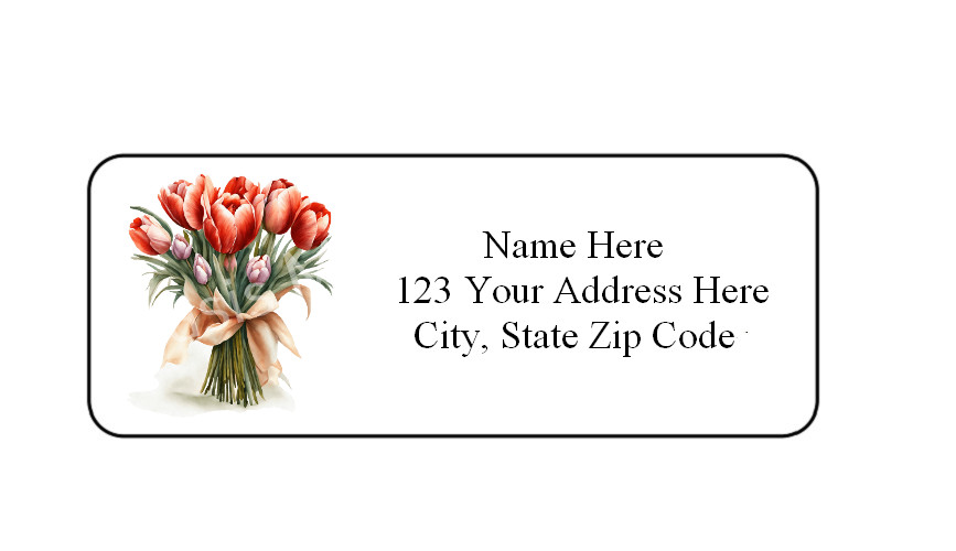 30 Red Tulips Bouquet PERSONALIZED RETURN ADDRESS LABELS 1 in X 2 5/8 GLOSSY