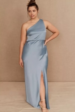 $248 BHLDN Dylan One Shoulder Satin Side Slit Gown in Dusty Blue 12 NEW B983