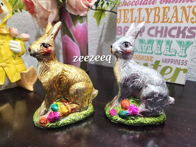 2 EASTER BUNNY RABBIT FAUX FOIL GOLD CHOCOLATE STATUE FIGURINE TABLETOP DECOR 5''