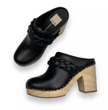Dolce Vita Womens Black Leather Hila Wooden Clogs Size 8 NWOT