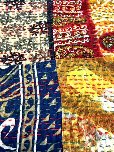 Boho Handmade Indian Silk Kantha Patchwork Quilt Bengali Embroidery 106" x 172" - Picture 9 of 24