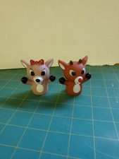 Lot Of 2 Rubber Reindeer Finger Puppets Rudolph and Clarice Christmas Toys
