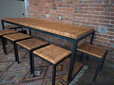 Midcentury Danny Ho Fong Iron & Cane Tiki Bar Dining Table w/6