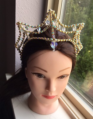 Professional Ballet Tiara Headpiece Gold AB Crystal Princess Fairy Variation NEW