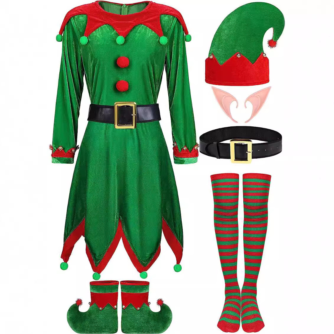 Women's Christmas Santa Claus Costume Green Elf Cosplay New Year Fancy Dress