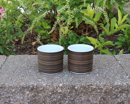 Set of 2 Vintage 1960s PYREX Terra No Handle Mugs Cups Brown Striped 13 Ounce