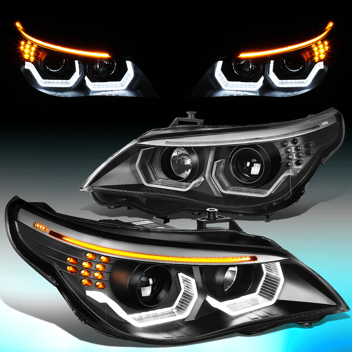 FOR 2004-2007 BMW E60 525I 530I LED SIGNAL 3D HALO DRL PROJECTOR HEADLIGHT  LAMP