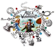 Alice in Wonderland Charm Bracelet Tea Party Mad Hatter 10 Charms Collector 1-84