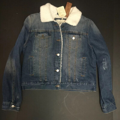 Ashley Vintage Charm Jean Jacket Size L- Blue Wash- Distressed- Cropped  Sherpa