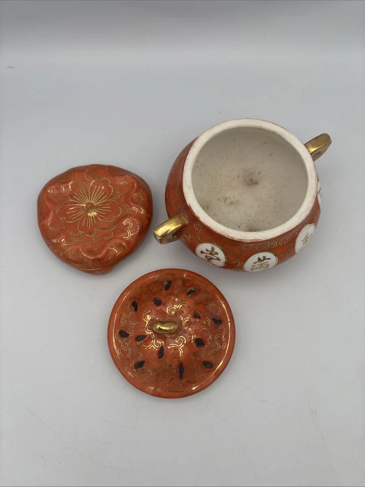 Quemador de incienso chino Famille rosa porcelana coral/rojo esmalte molido con soporte  Foto 4 de 4