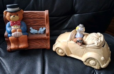 2 Ceramic PIGGY BANKS - Kato Kogei Robber w/Dog & Enesco Lucy Rigg Bear On Bench