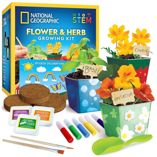 National Geographic Flower and Herb Gardening Kit with 3 Metal Pots