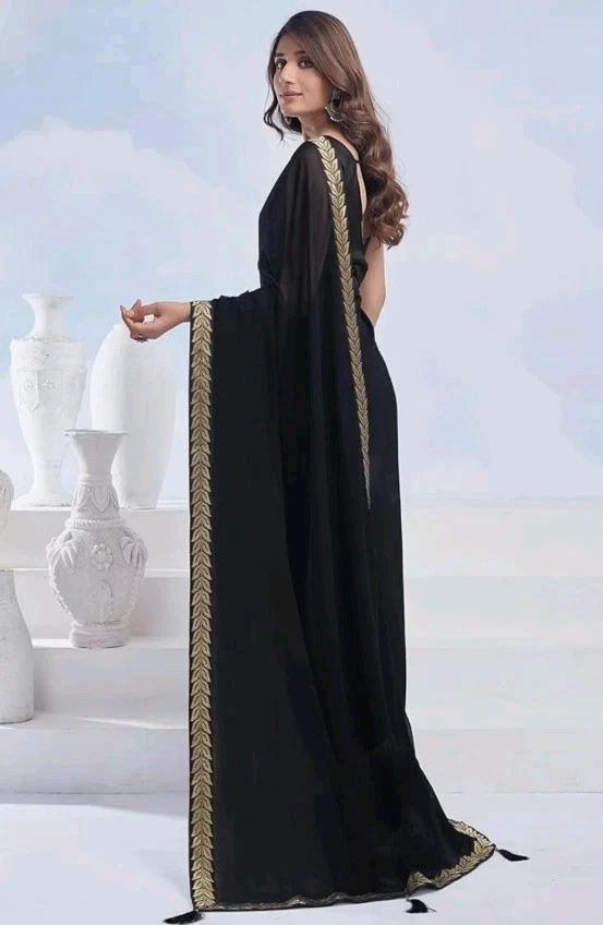 Sari de encaje Georgette negro para mujer con pieza blusa sin costuras Foto 4 de 4