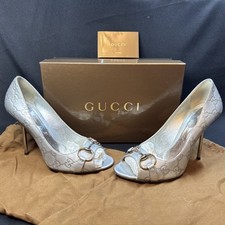 Gucci SILVER Guccissima Leather Horsebit D'orsay Peep Toe Pumps Size 8.5 B EXC