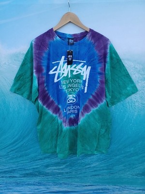 Stussy Rare World Tour Tie Dye Blue Purple Green XXL Tee #0592