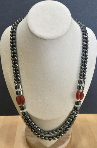 Vtg Unbranded Hematite & Glass with Rhinestone Double Strand Necklace - Heavy