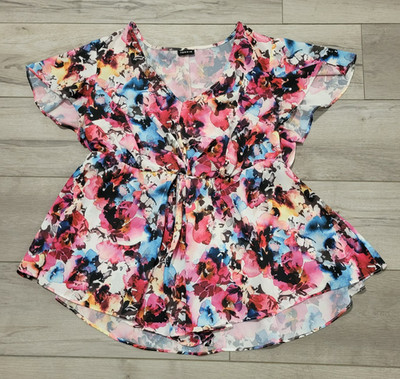 Torrid Floral V-neck Flutter Slv Top 1 1X? 2X? 16-18 Pink Blue White