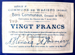 Commune de WAZIERS 20 Frs 2/8/1914 Pirot 59/2776 Rareté ( R 2 )