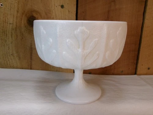 Vintage 1975 FTD White Milk Glass Oak Leaf Pattern Pedestal Compote Bowl