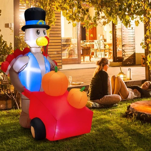 6FT Inflatable Turkey with Pumpkin Cart Lighted LED Decoration