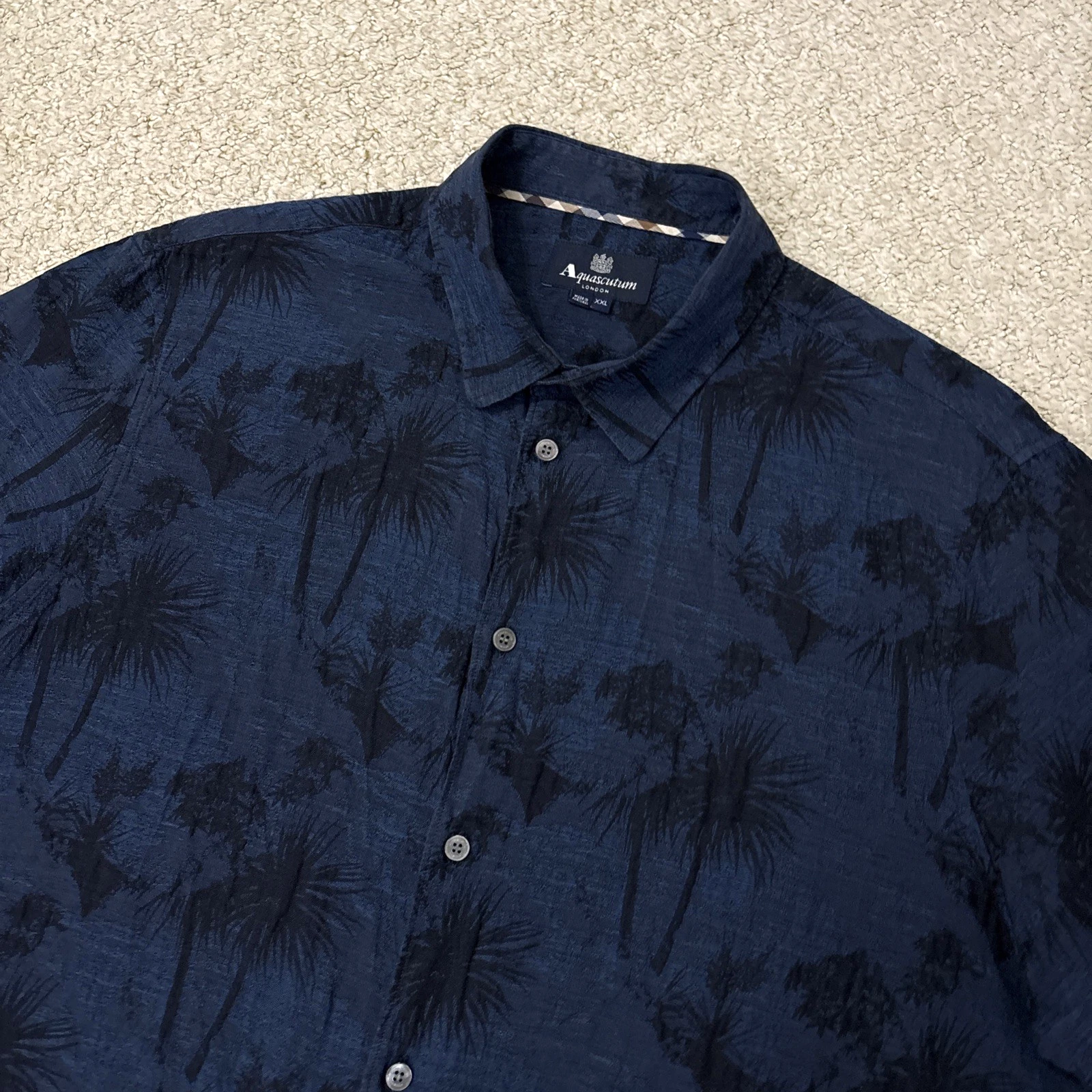 Aquascutum Mens XL Extra Large Palm Tree Shirt Blue Linen Cotton Short Sleeve