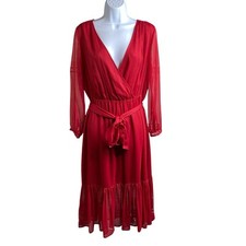 Point Sur J Crew Women's Red Faux Wrap Dress Size 4 Flowy Ruffled Hem Lolita
