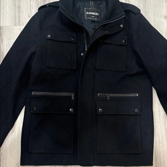 Express Hombre Chaqueta Militar Negra Mezcla Lana Chaqueta Talla Grande Foto 2 de 4