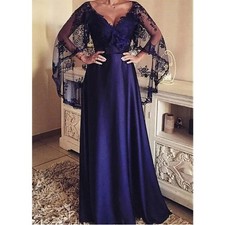 Navy Blue Mother of The Bride Dresses with Cape Sleeves Lace Applique Satin Gown