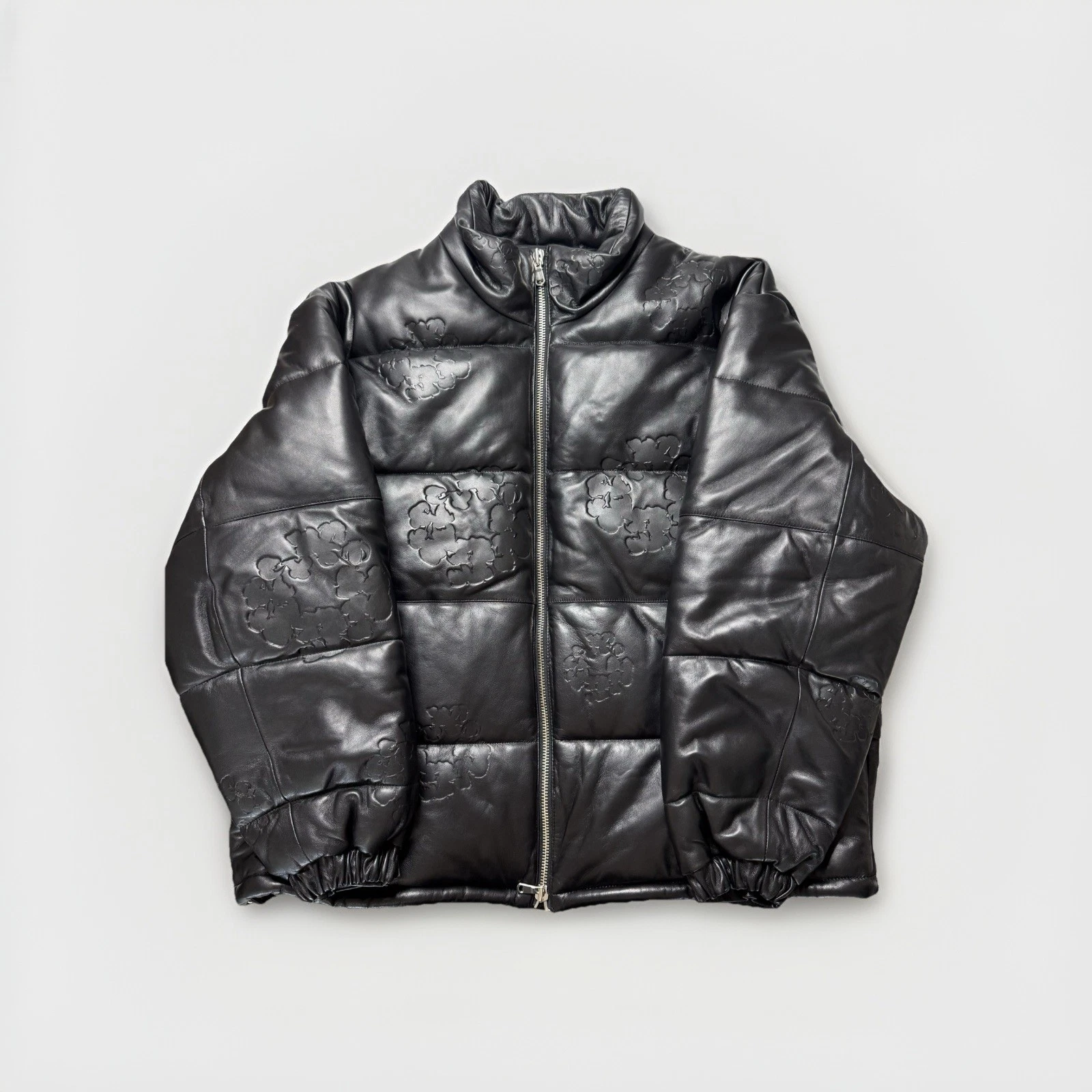 Denim Tears All Over Wreath Logo Black Embossed Leather Puffer Jacket 2XL New