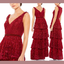 NWT $698 Mac Duggal [ 14 ] Floral Applique Ruffle Tier V Neck Gown Burgundy Q725