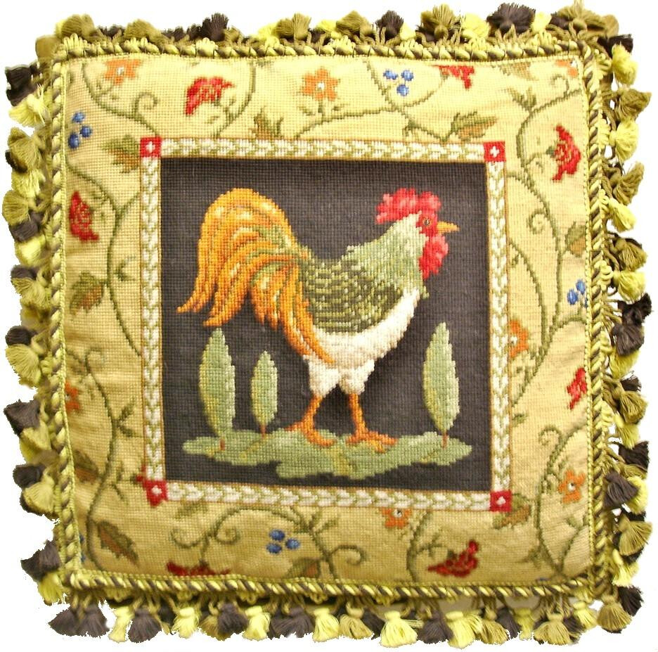 Wool Needlepoint Throw Pillow Sudi McCollum design Rooster Cushion