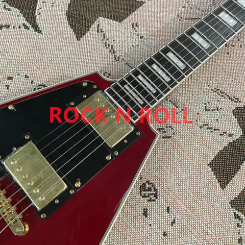 LEFT HAND Red Flying V Electric Guitar Gold HH Solid Mahogany Free Ship