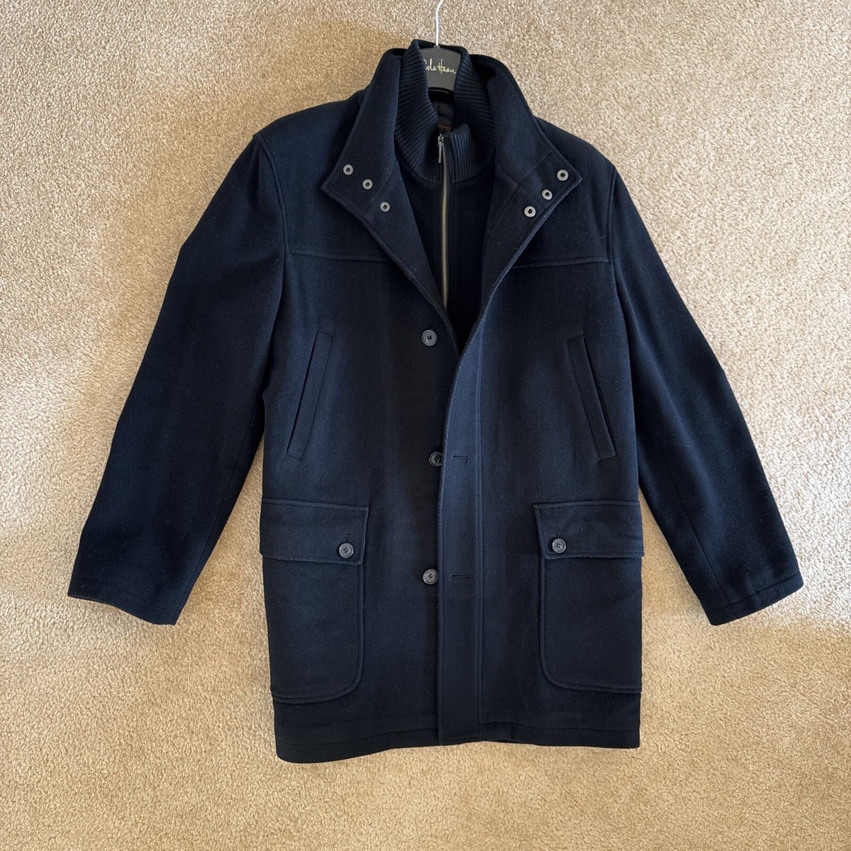 Blue Cole Haan Overcoats COLE HAAN Ice Blue Wool Blend Wrap Coat