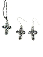 Cross Pendant Necklace and Earrings White Crystals and Stainless Steel