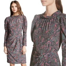 REBECCA TAYLOR Hudson Paisley Silk Long Sleeve Gathered Dress Sz 4 Cowl Neck