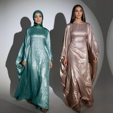 Muslim Women Maxi Dress Bat Sleeve Shiny Abaya Kaftan Arab Loose Robe Dubai Gown
