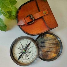 Nautical marine directional custom antique pocket brass compass w/ leather case