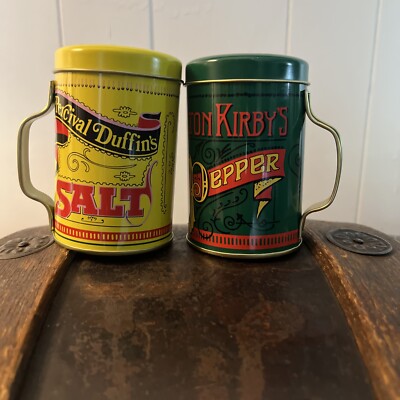 Retro Percival Duffin's Elton Kirby Tin Salt & Pepper Shakers w/ Handles 4''