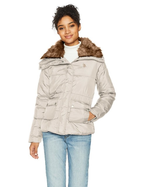 U.S. Polo Assn Womens Puffer Jacket Faux Fur Winter Collar Fog Beige DbDk L $120 | eBay