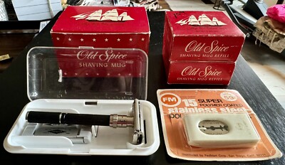 Gillette Black Super 109 Adjustable Double Edge Razor, Old Spice Mug, Refill Rzr