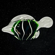 Vintage Art Glass Stripped Green Fish Paperweight Figure 2.5”T 6”W