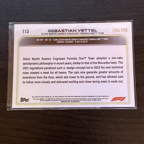 2022 Topps Chrome F1 Sebastian Vettel #113 Purple /399 - Picture 2 of 2